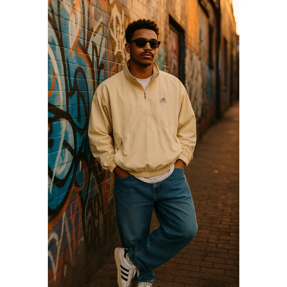 Vintage Adidas ClimaShell Windbreaker Jacket L Beige Quarter Zip Pockets